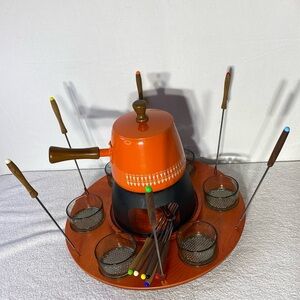 Vintage MCM Orange Meat Fondue Set with Skewers Lazy Susan & Sauce Dishes